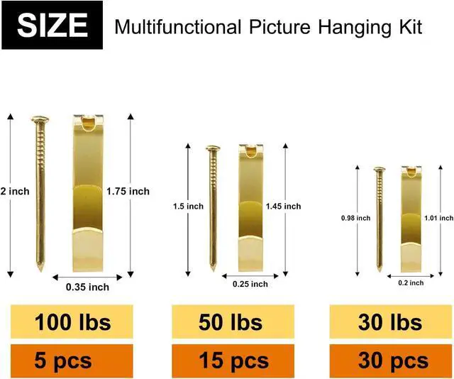 Alt view image 2 of 7 - 50pcs Picture Hangers with Different Sizes, Heavy Duty 30-100lbs Picture Hanging Hooks with Nails, Wall Hangers,Picture Hooks,Professional Plaster Picture Hanging Kit for Wooden Wall or Drywall