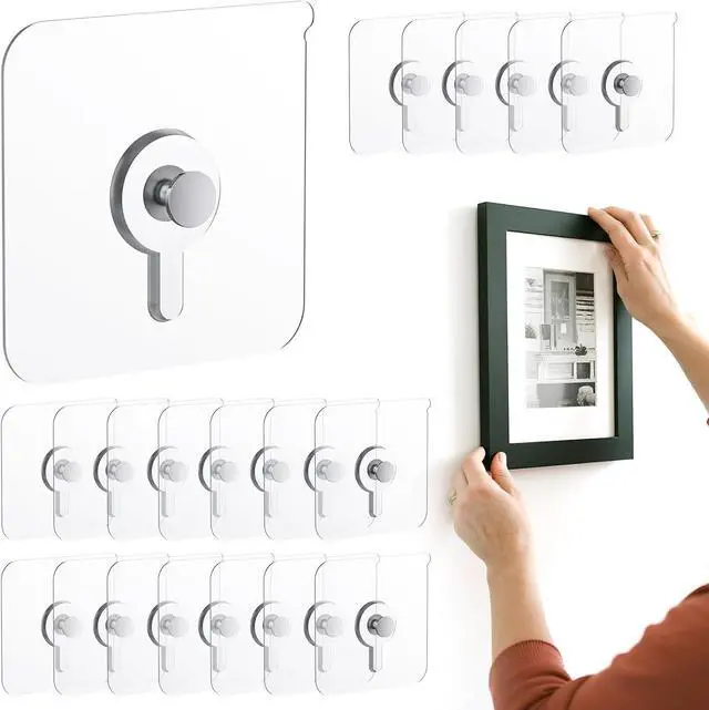 Main image of 20 Pcs Adhesive Picture Hooks, 20 Ibs Load Heavy Duty Self Adhesive Wall Hooks for Hanging, Waterproof Picture Hangers Without Nails for Bathroom Kitchen, Transparent Sticky Hooks for Frames