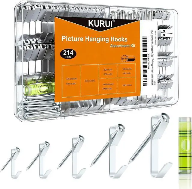 Main image of KURUI 214Pcs Picture Hanging Hooks, Renter Friendly Picture Hanging Kit with Heavy Duty Picture Hangers and Hardware Nails, for Frame, Painting, Art and Photo, on Drywall,Plaster, and Wood Wall