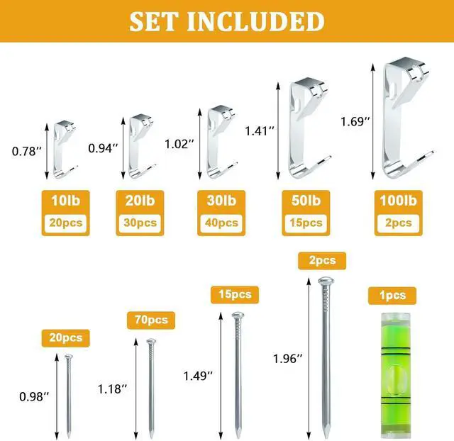 Alt view image 7 of 7 - KURUI 214Pcs Picture Hanging Hooks, Renter Friendly Picture Hanging Kit with Heavy Duty Picture Hangers and Hardware Nails, for Frame, Painting, Art and Photo, on Drywall,Plaster, and Wood Wall
