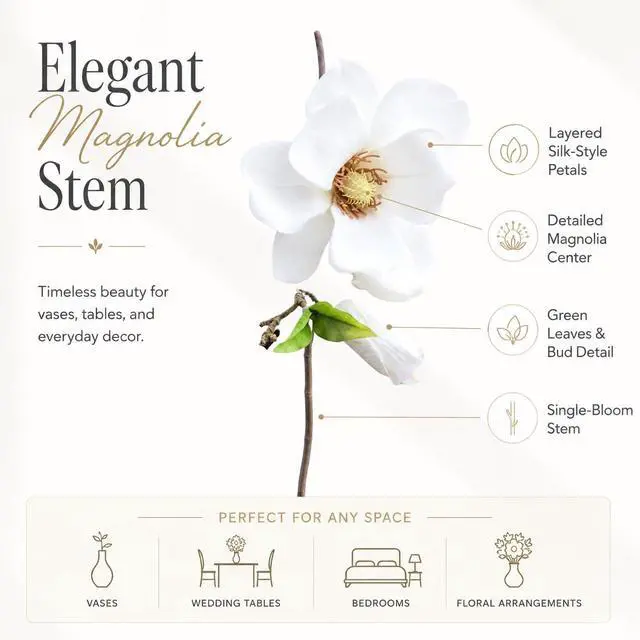 Alt view image 4 of 7 - White Artificial Magnolia Silk Flower Artificial Flowers for Home, Wedding, Garden Decor, Single Stem for Vase, Table Arrangement
