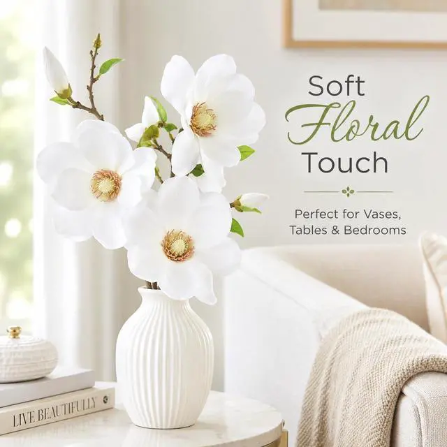 Alt view image 7 of 7 - White Artificial Magnolia Silk Flower Artificial Flowers for Home, Wedding, Garden Decor, Single Stem for Vase, Table Arrangement