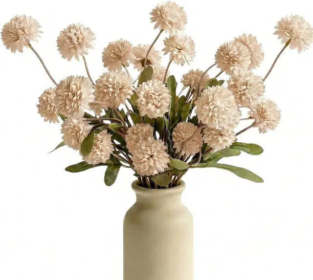 Main image of 6pcs Beige Faux Silk Pompon Mum Artificial Flowers Small Mini Chrysanthemum Ball with Stems for Wedding DIY Bouquets Centerpieces Arrangements Home Vase Decorations