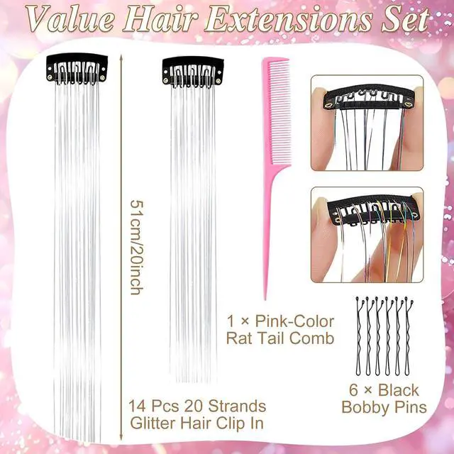 Alt view image 3 of 6 - MEEZY Silver Glitter Hair Tinsel Clip In Kit 14 Pcs 20 Inch for Women, Fairy Tinsel Hair Extensions with Comb Bobby Pins Dazzle Accessories for Fancy Dress Xmas Halloween Costume Party Music Festival