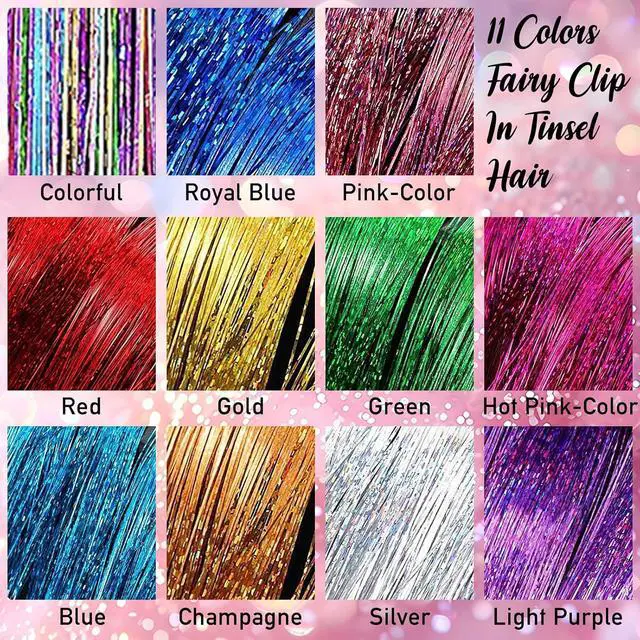 Alt view image 2 of 6 - MEEZY Silver Glitter Hair Tinsel Clip In Kit 14 Pcs 20 Inch for Women, Fairy Tinsel Hair Extensions with Comb Bobby Pins Dazzle Accessories for Fancy Dress Xmas Halloween Costume Party Music Festival