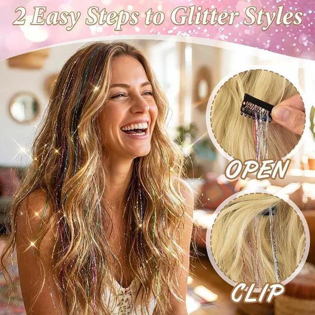 Alt view image 4 of 6 - MEEZY Silver Glitter Hair Tinsel Clip In Kit 14 Pcs 20 Inch for Women, Fairy Tinsel Hair Extensions with Comb Bobby Pins Dazzle Accessories for Fancy Dress Xmas Halloween Costume Party Music Festival