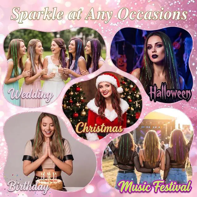Alt view image 6 of 6 - MEEZY Silver Glitter Hair Tinsel Clip In Kit 14 Pcs 20 Inch for Women, Fairy Tinsel Hair Extensions with Comb Bobby Pins Dazzle Accessories for Fancy Dress Xmas Halloween Costume Party Music Festival