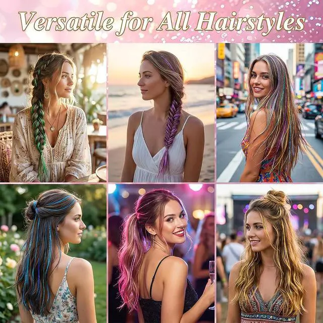 Alt view image 5 of 6 - MEEZY Silver Glitter Hair Tinsel Clip In Kit 14 Pcs 20 Inch for Women, Fairy Tinsel Hair Extensions with Comb Bobby Pins Dazzle Accessories for Fancy Dress Xmas Halloween Costume Party Music Festival