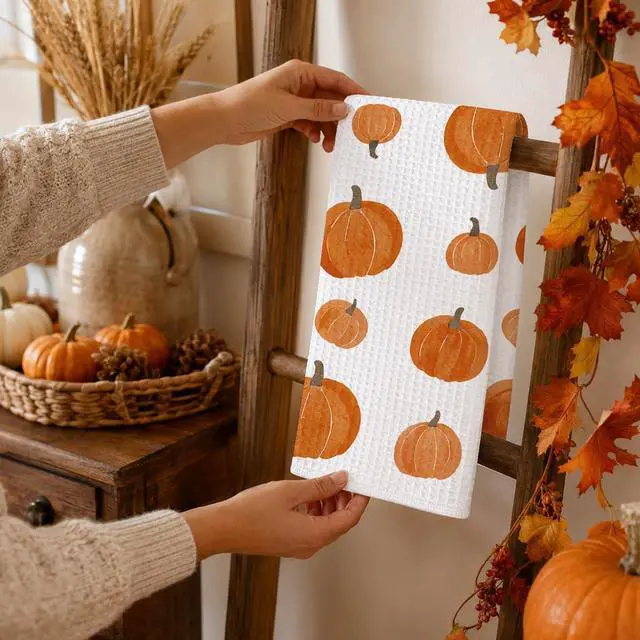 Alt view image 6 of 7 - 1PCS Thanksgiving Pumpkin Decor Hand Towels for Gifts Women,Farmhouse Watercolors Pumpkin Fall Kitchen Tea Towels and Dishcloths,Anthropology Autumn for KitchensBathrooms - A01