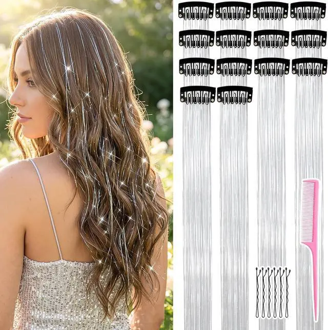 Main image of MEEZY Silver Glitter Hair Tinsel Clip In Kit 14 Pcs 20 Inch for Women, Fairy Tinsel Hair Extensions with Comb Bobby Pins Dazzle Accessories for Fancy Dress Xmas Halloween Costume Party Music Festival