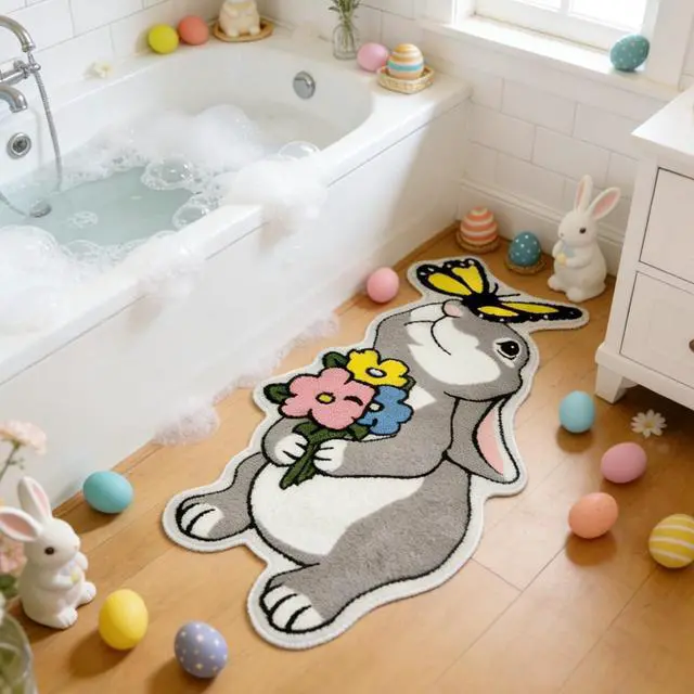Alt view image 4 of 7 - Cute Bunny Bath Mat Funny Rabbit Flower Bathroom Rugs Tufted Quick Dry Bath Mats for Bathroom Non Slip Bath Mat Water Absorbent Spring Easter Room Decor Carpet,1.8 x 3.3FT