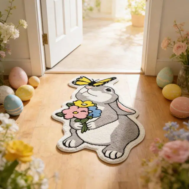 Alt view image 5 of 7 - Cute Bunny Bath Mat Funny Rabbit Flower Bathroom Rugs Tufted Quick Dry Bath Mats for Bathroom Non Slip Bath Mat Water Absorbent Spring Easter Room Decor Carpet,1.8 x 3.3FT