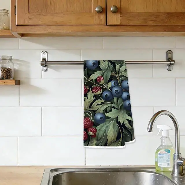 Alt view image 2 of 7 - Dark Botanical Berry Kitchen Towels, Vintage Moody Blueberry Raspberry Decorative Hand Tea Towels for Bathroom, Fruit Lover Gifts Dish Towel Drying Cloth, 16x24 Inches