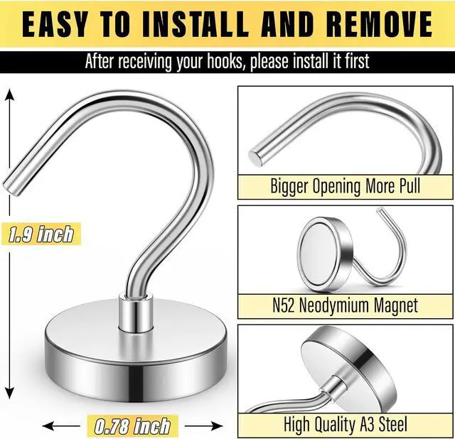 Alt view image 2 of 6 - 6 Pack Magnetic Hooks Large Opening, 40LBS Neodymium Magnet Hooks