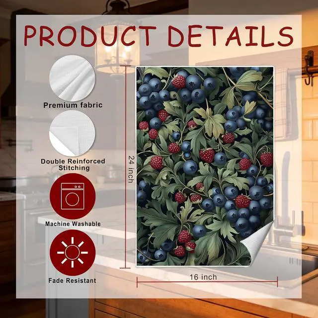 Alt view image 7 of 7 - Dark Botanical Berry Kitchen Towels, Vintage Moody Blueberry Raspberry Decorative Hand Tea Towels for Bathroom, Fruit Lover Gifts Dish Towel Drying Cloth, 16x24 Inches