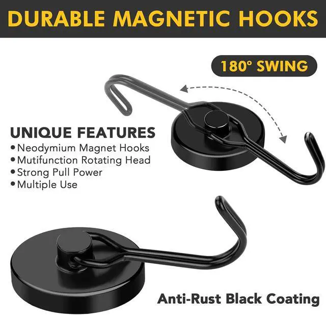 Alt view image 2 of 7 - MIKEDE Black Magnetic Hooks Heavy Duty 120LB Swivel Strong Magnet Hook