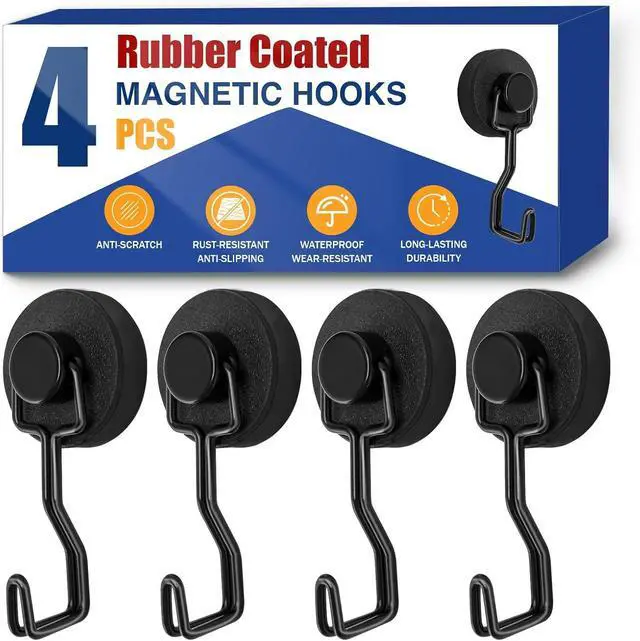 Main image of Magnetic Hooks for Grill & Refrigerator, 4-Pack Heavy Duty Rubber Coated Rust Proof Hooks Strong Magnet for Hanging Grill Tools, Kitchen Utensils, Towels, Outdoor Camping BBQ Accessories (Black)