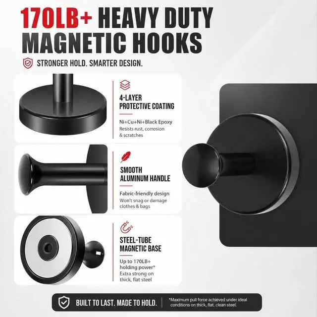 Alt view image 6 of 7 - Neosmuk Magnetic Hooks Steel Tube Design for Cruise,170lb+ Black,2 Pack