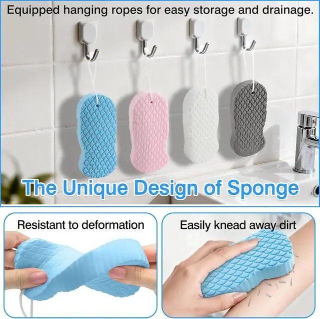 Alt view image 5 of 7 - 4-Pack Exfoliating Bath Sponges Super Soft Shower Sponge Set for Adults & Kids, Gentle Dead Skin Remover, Assorted Colors (Pink, Blue, White, Gray)