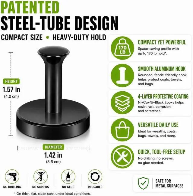 Alt view image 4 of 7 - Neosmuk Magnetic Hooks Steel Tube Design for Cruise,170lb+ Black,2 Pack