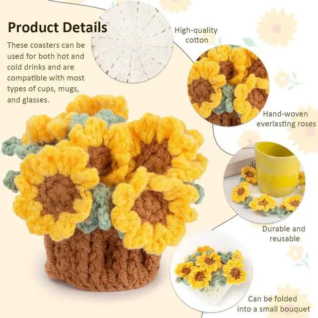 Alt view image 2 of 6 - Knitting Crochet Sunflower Potted Plants, Flowers Soft Decorative Coasters