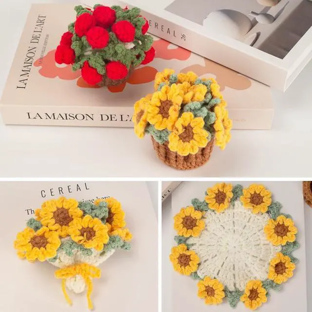 Alt view image 3 of 6 - Knitting Crochet Sunflower Potted Plants, Flowers Soft Decorative Coasters