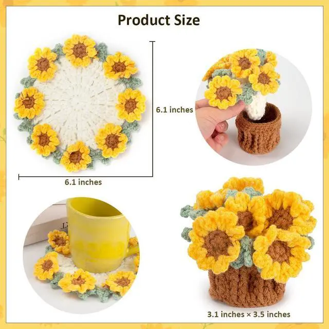 Alt view image 5 of 6 - Knitting Crochet Sunflower Potted Plants, Flowers Soft Decorative Coasters