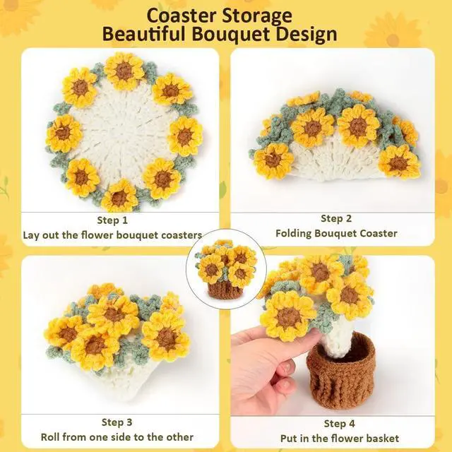 Alt view image 6 of 6 - Knitting Crochet Sunflower Potted Plants, Flowers Soft Decorative Coasters
