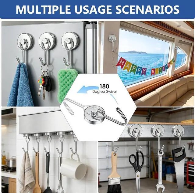 Alt view image 3 of 6 - Magnetic Hooks, 2026 Cruise Cabin Ship Essentials Heavy Duty Strong Magnets Fridge Hanging for Classroom Kitchen Garage Grills Home, Medium 12-Pack Silver (4 Swivel + 8 Fixed)