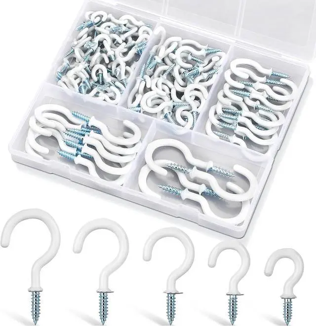 Main image of Screw Hooks, 110Pcs White Vinyl-Coated Cup Hooks for Hanging