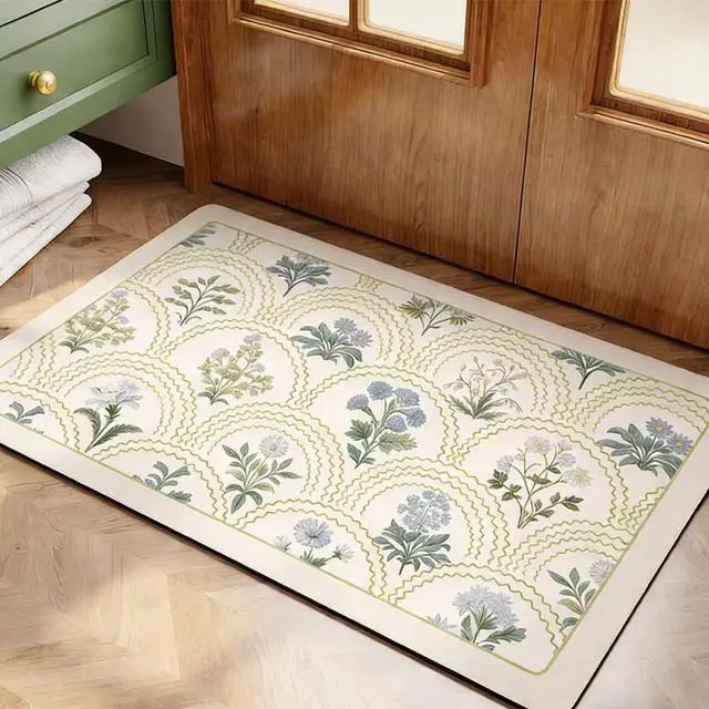 Main image of Vintage Floral Bathroom Rug Mat, 16"x24" Non-Slip Absorbent Bath Rug, Quick Dry Washable Entryway Rug, Retro Botanical Pattern Floor Mat for Bathroom, Kitchen, Bedroom (Green, Rectangular)