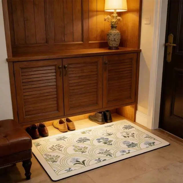 Alt view image 2 of 7 - Vintage Floral Bathroom Rug Mat, 16"x24" Non-Slip Absorbent Bath Rug, Quick Dry Washable Entryway Rug, Retro Botanical Pattern Floor Mat for Bathroom, Kitchen, Bedroom (Green, Rectangular)