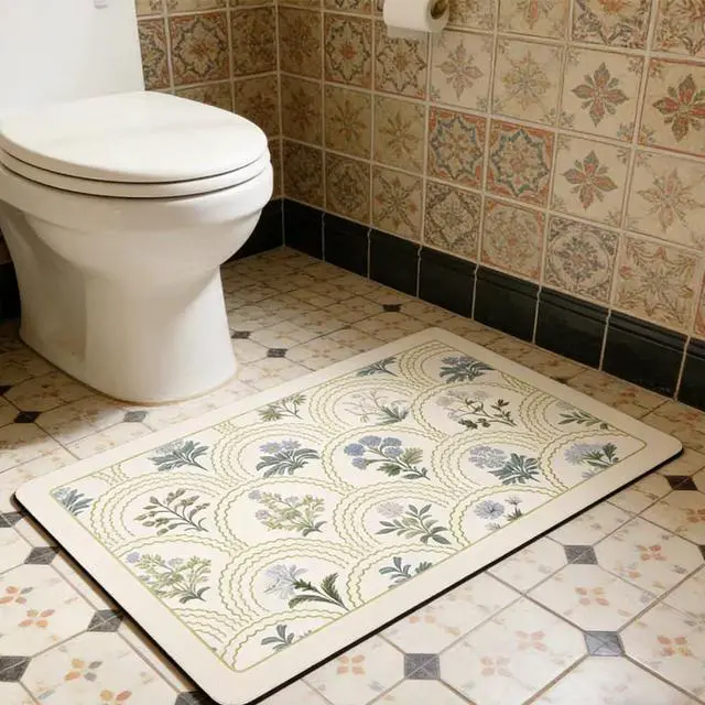 Alt view image 4 of 7 - Vintage Floral Bathroom Rug Mat, 16"x24" Non-Slip Absorbent Bath Rug, Quick Dry Washable Entryway Rug, Retro Botanical Pattern Floor Mat for Bathroom, Kitchen, Bedroom (Green, Rectangular)