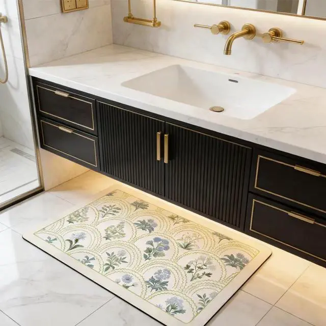 Alt view image 6 of 7 - Vintage Floral Bathroom Rug Mat, 16"x24" Non-Slip Absorbent Bath Rug, Quick Dry Washable Entryway Rug, Retro Botanical Pattern Floor Mat for Bathroom, Kitchen, Bedroom (Green, Rectangular)
