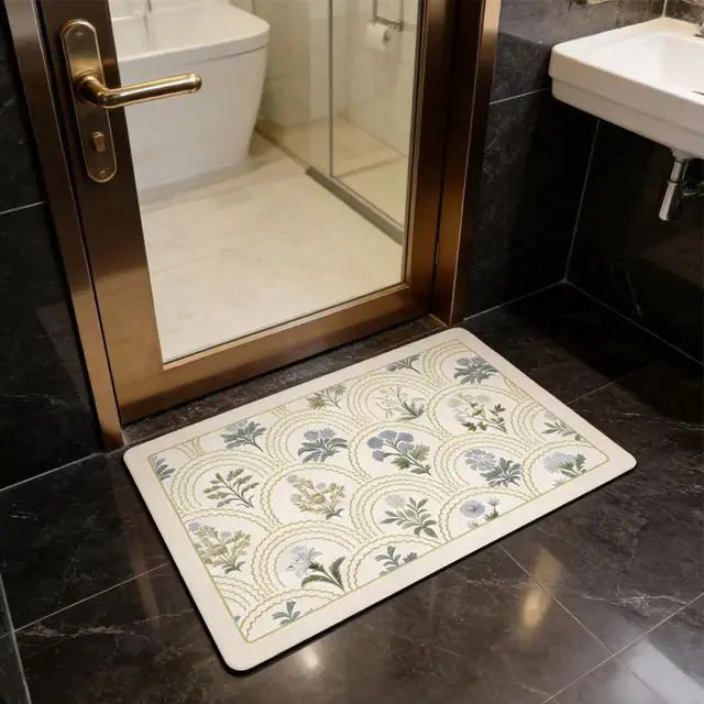 Alt view image 7 of 7 - Vintage Floral Bathroom Rug Mat, 16"x24" Non-Slip Absorbent Bath Rug, Quick Dry Washable Entryway Rug, Retro Botanical Pattern Floor Mat for Bathroom, Kitchen, Bedroom (Green, Rectangular)