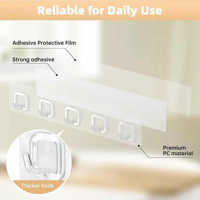 Alt view image 4 of 7 - Large Adhesive Wall Towel Hooks, 5 Hooks Clear