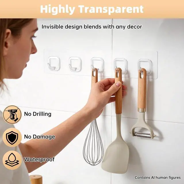 Alt view image 2 of 7 - Large Adhesive Wall Towel Hooks, 5 Hooks Clear
