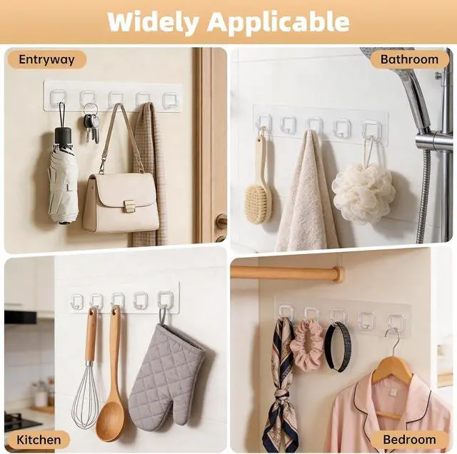 Alt view image 5 of 7 - Large Adhesive Wall Towel Hooks, 5 Hooks Clear
