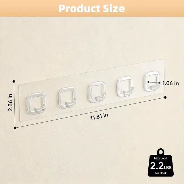 Alt view image 7 of 7 - Large Adhesive Wall Towel Hooks, 5 Hooks Clear
