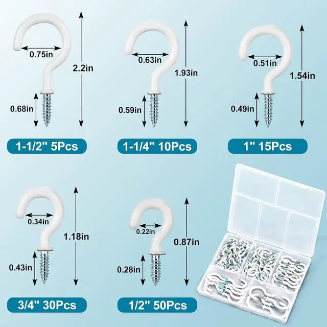 Alt view image 2 of 6 - Screw Hooks, 110Pcs White Vinyl-Coated Cup Hooks for Hanging