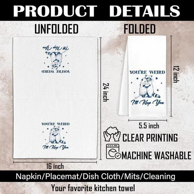 Alt view image 7 of 7 - Funny Opossum and Raccoon Kitchen Towels, Animal Lover Gifts Hand Towels for Bathroom, You're Weird I'll Keep You Sarcastic Dish Towel Tea Towel for Kitchen, 16x24 Inch