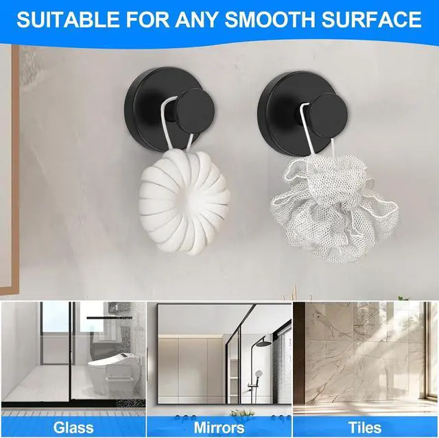 Alt view image 4 of 7 - 2-Pack Suction Cup Hooks for Shower, Towel Hooks for Bathrooms, Waterproof Stainless Steel Bath Hooks, for Towels, Loofah, Robes, Coat (Black)
