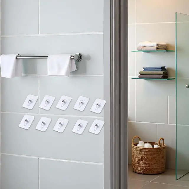 Alt view image 3 of 6 - 10 Pack Transparent Adhesive Hooks, Wall Hangers Without Nails, Heavy Duty Waterproof Wall Hooks for Home and Office, Bathroom Hardware