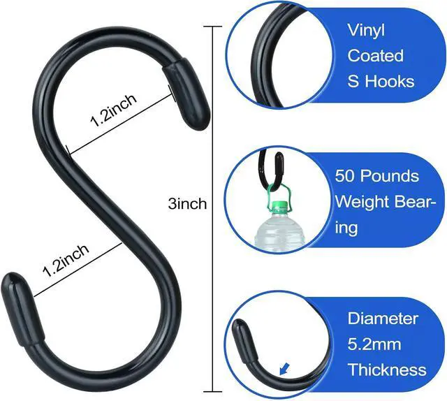 Alt view image 2 of 7 - 3 Inch Vinyl Coated S Hook,S Hooks for Hanging Plants ,10 Pack Non Slip Heavy Duty S Hooks ,Small Rubber Coated Steel Metal Black Closet S Hook for Hanging Jeans Plants Jewelry Pot Pan Cups Towels