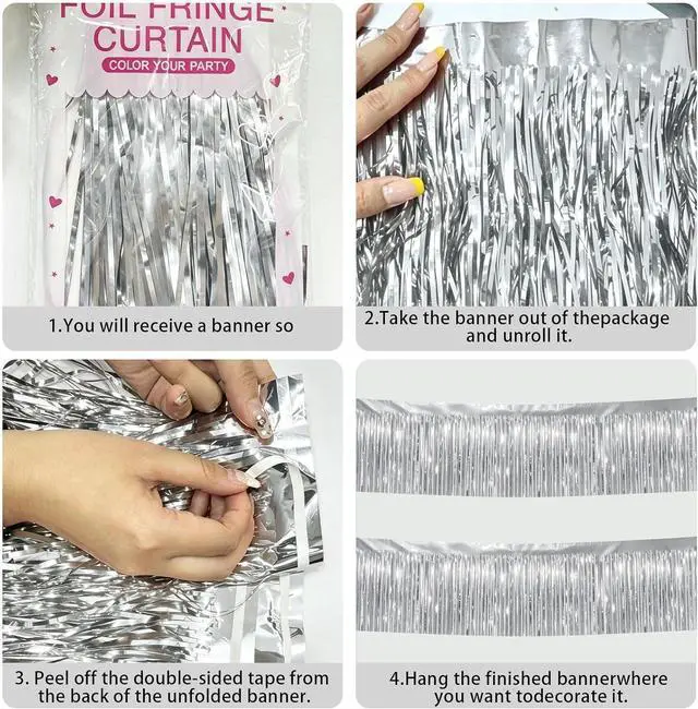 Alt view image 3 of 7 - Silver Streamers Table Skirt Tinsel 3 Packs 36 Feet Metallic Foil Fringe Garland Wall Ceiling Hanging Fringe Banners Backdrop for Wedding Birthday Party Decoration Halloween Christmas New Year