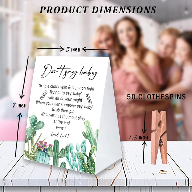 Alt view image 2 of 4 - Don't Say Baby Game for Baby Shower Clothespin Game, One 5x7 Coated Paper Sign and 50 Natural Clothespins, Mexican Tropical Cactus Theme, Gender Neutral -NDSBB18
