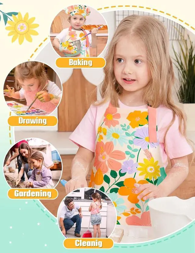 Alt view image 4 of 7 - WERNNSAI Kids Apron Set for Girls Boys - Art Cooking Apron with Hat Oven Mittens