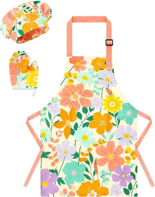 Main image of WERNNSAI Kids Apron Set for Girls Boys - Art Cooking Apron with Hat Oven Mittens