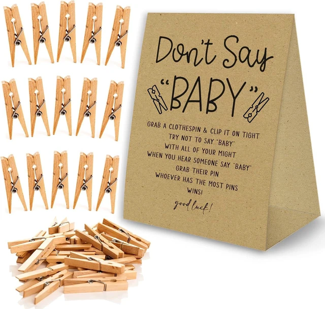 Main image of Don't Say Baby Game for Baby Shower Clothespin Game, One 5x7 Kraft Sign and 50 Natural Clothespins, Minimal Style, Gender Neutral -NDSBB03