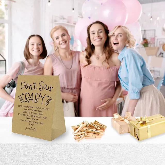 Alt view image 3 of 4 - Don't Say Baby Game for Baby Shower Clothespin Game, One 5x7 Kraft Sign and 50 Natural Clothespins, Minimal Style, Gender Neutral -NDSBB03